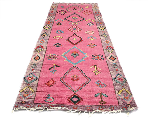 13 Feet Moroccan Pink Hand Woven Wool Runner Rug